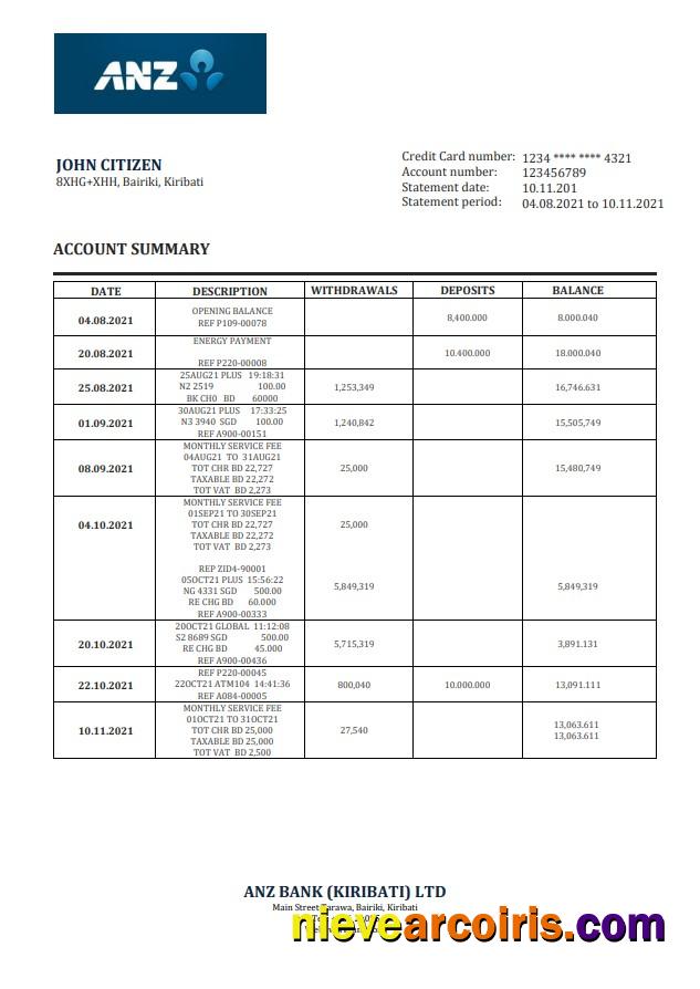 Kiribati ANZ bank statement